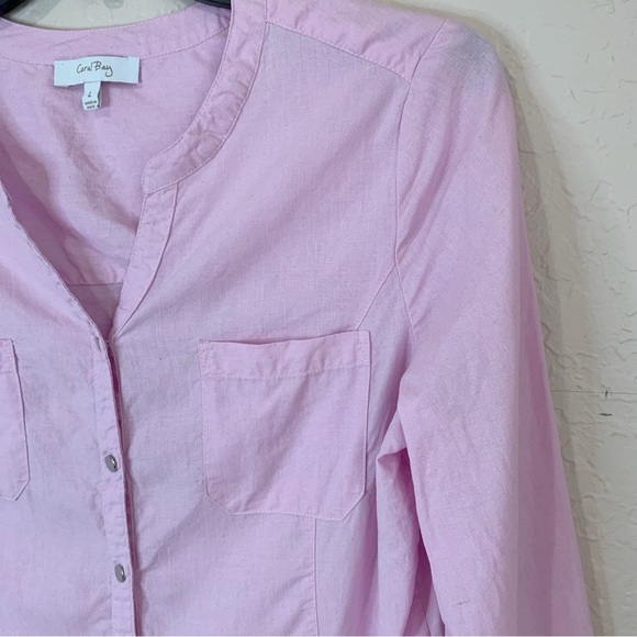 Coral Bay Linen Blend Top Womens Large Pink 3/4 Sleeves Snap Front Casual Preppy - Picture 4 of 11